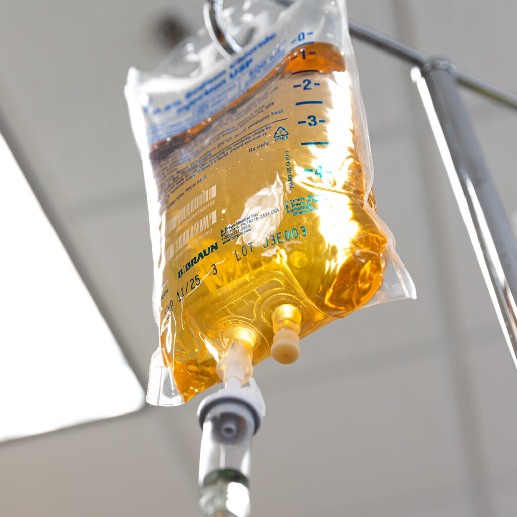 An example of a hanging bag of saline and other nutrients used for our IV therapy in Atlanta.